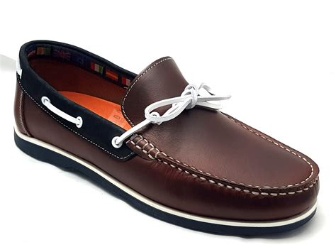 leather boat shoes with fake laces that slip on|Slip.